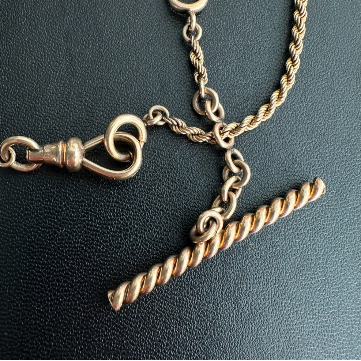 Victorian 10k watch chain with dog clip & Albert bar marked Simmons