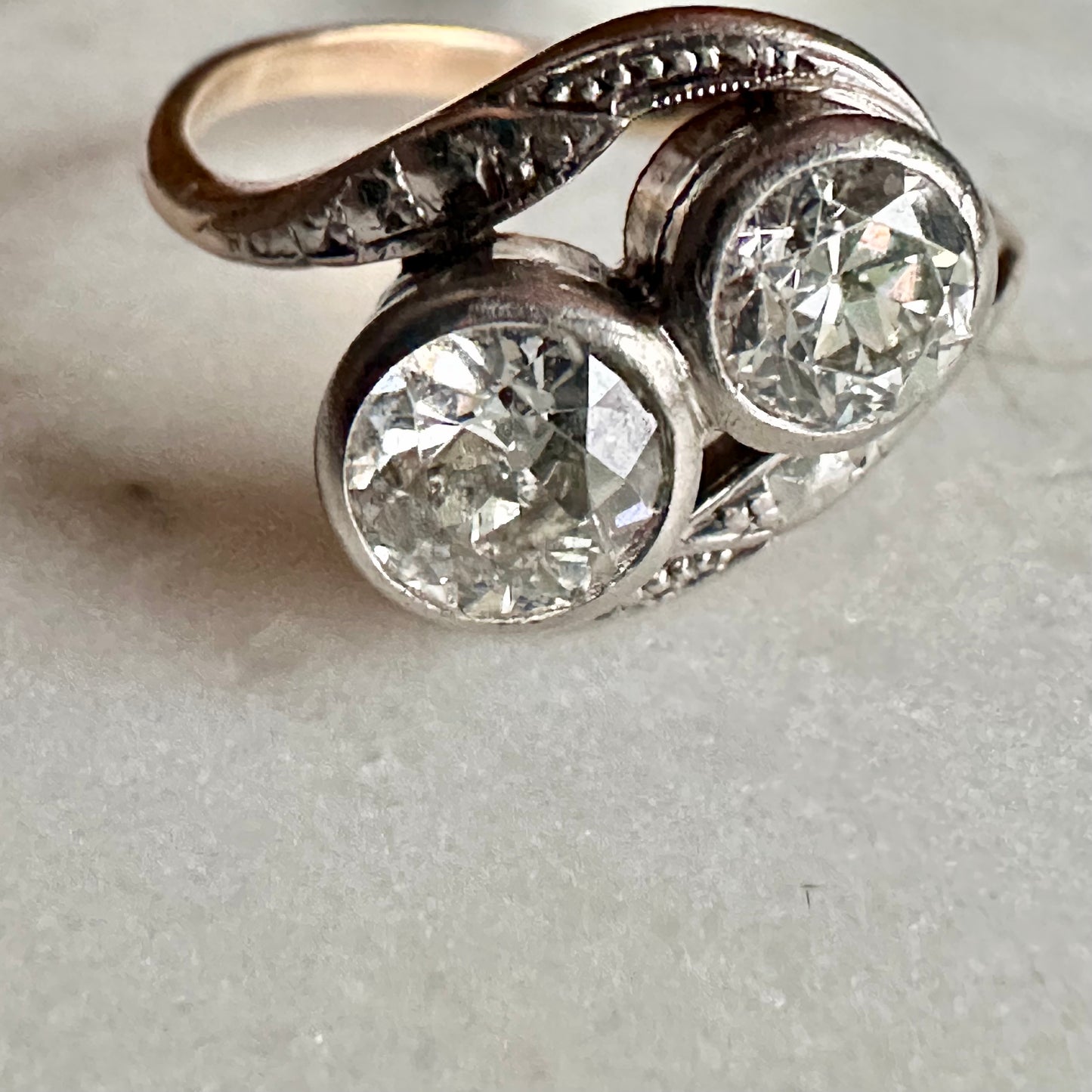 Edwardian “Toi et Moi” Diamond Ring — Platinum over Gold, c. 1910 — Size 7.5