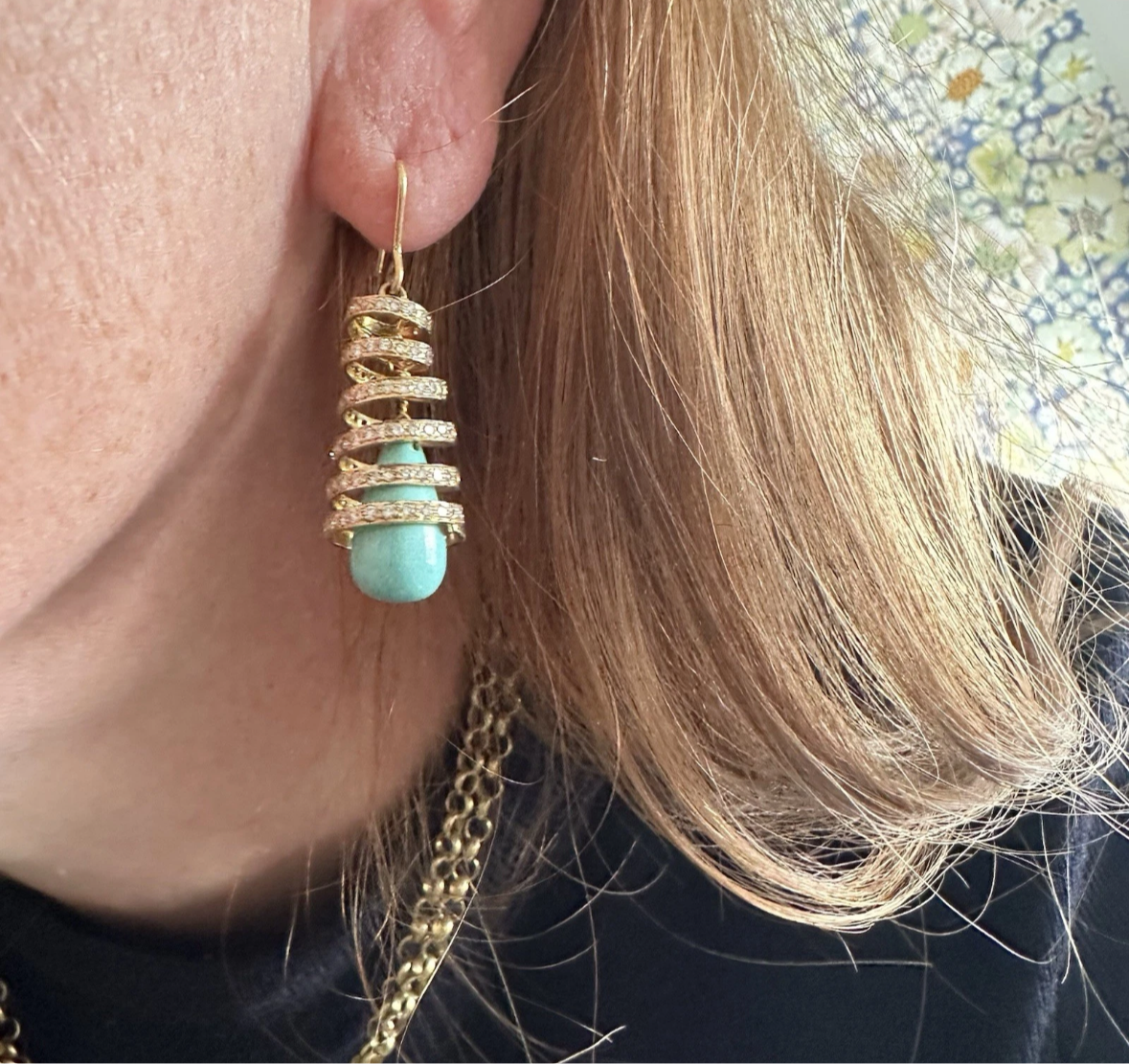 18K GOLD, TURQUOISE AND DIAMOND EARRINGS