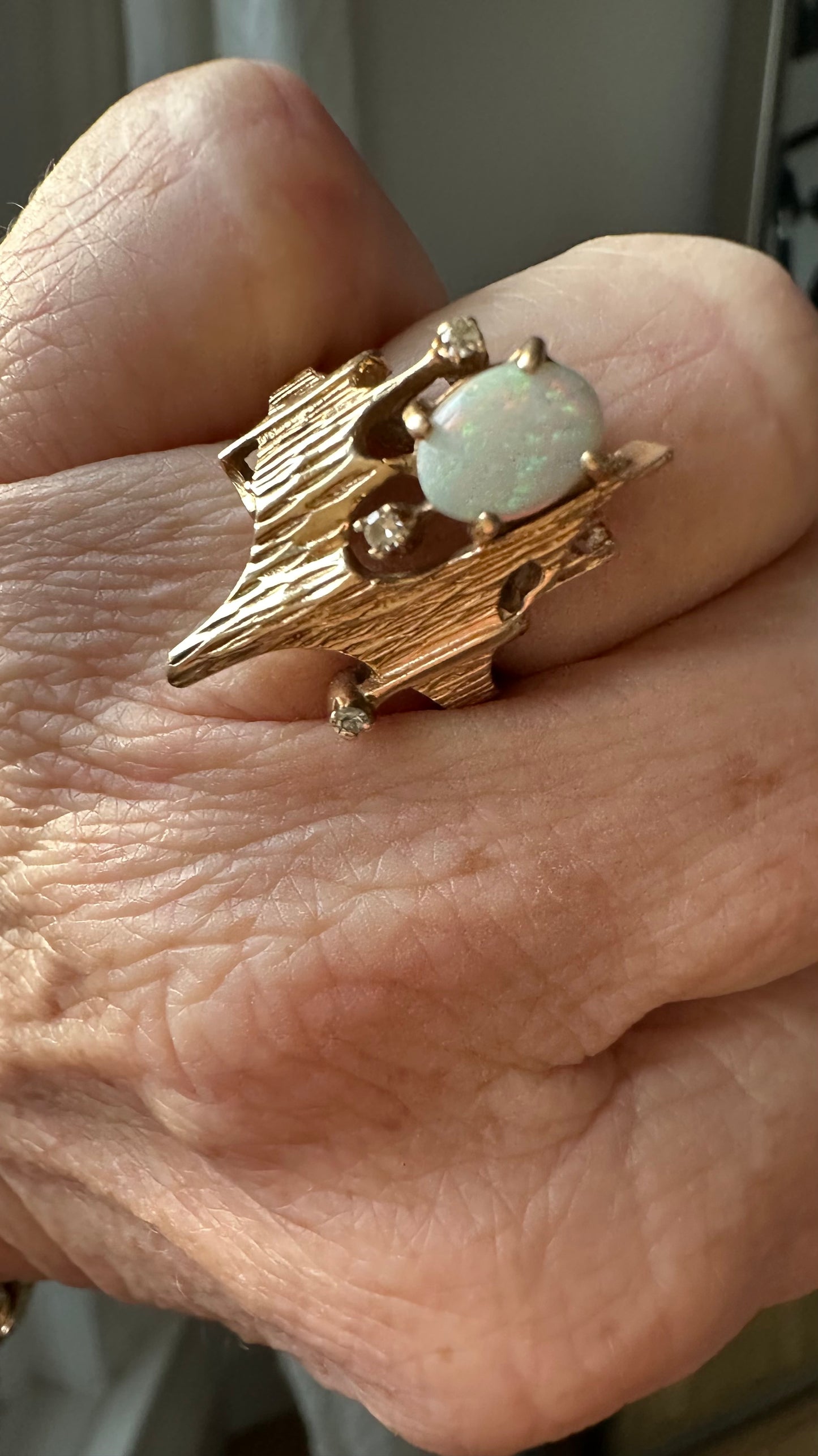 ✨ 14K Gold Opal & Diamond Brutalist Ring | Mid-Century Modern | Size 6