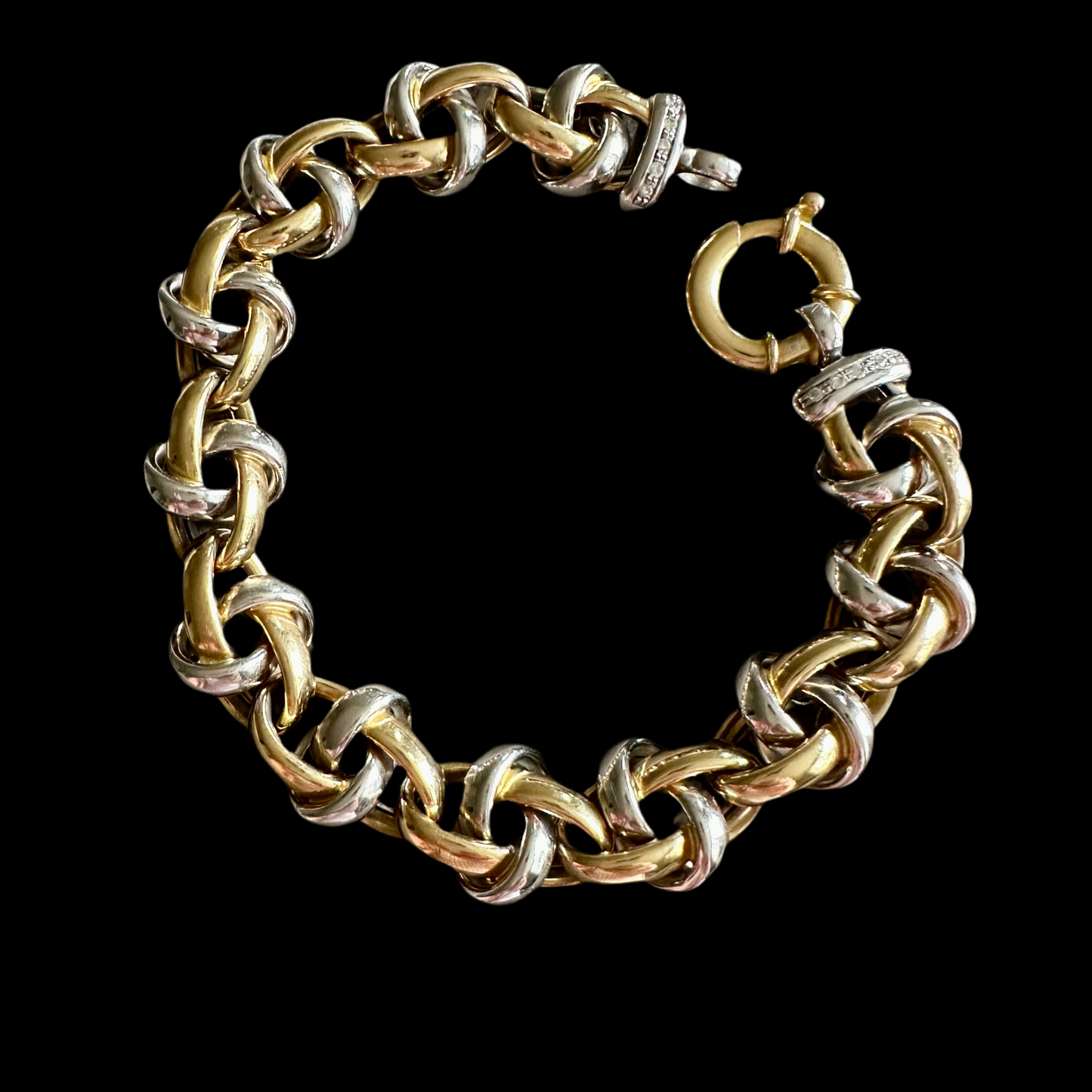 18k white and yellow gold oval link bracelet with toggle clasp and diamonds