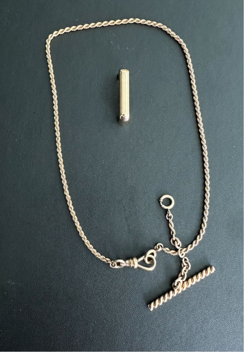 Victorian 10k watch chain with dog clip & Albert bar marked Simmons