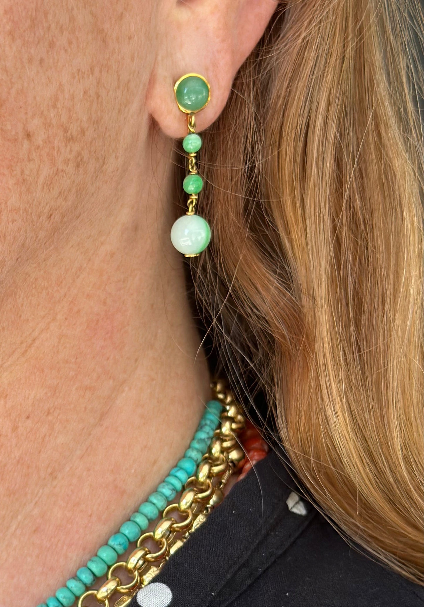 14k yellow gold Green Apple Jade dangle ear Clips