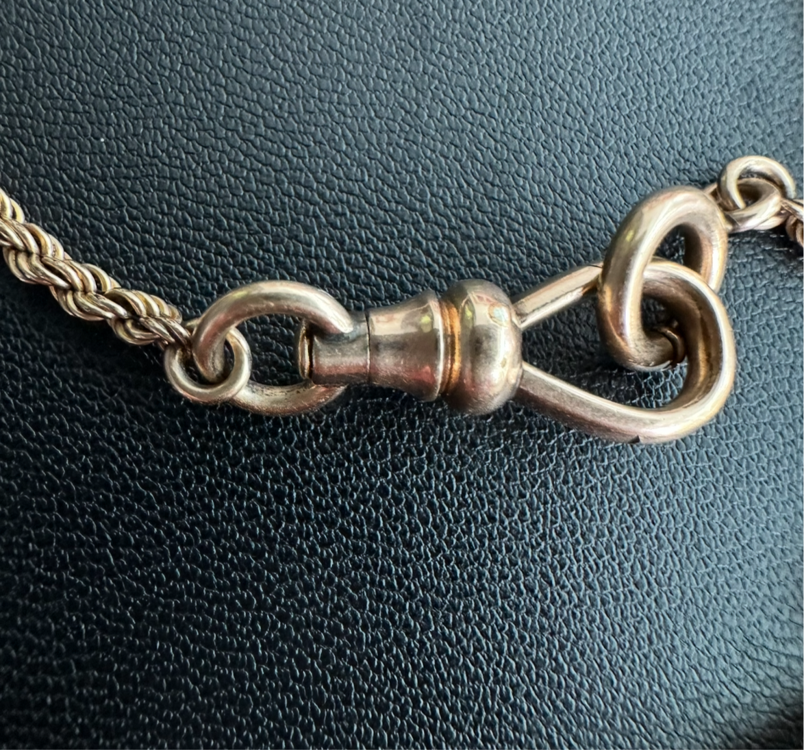 Victorian 10k watch chain with dog clip & Albert bar marked Simmons
