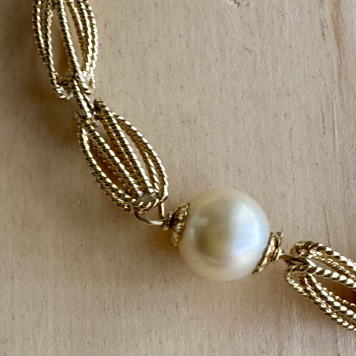 Vintage Retro 14k Gold Link And Pearl Bracelet 12g