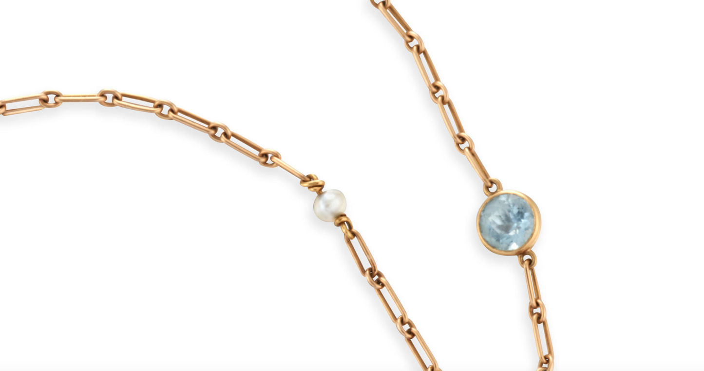Antique 14K Aquamarine & Pearl Trombone Station Watchchain w multi gemstone fob