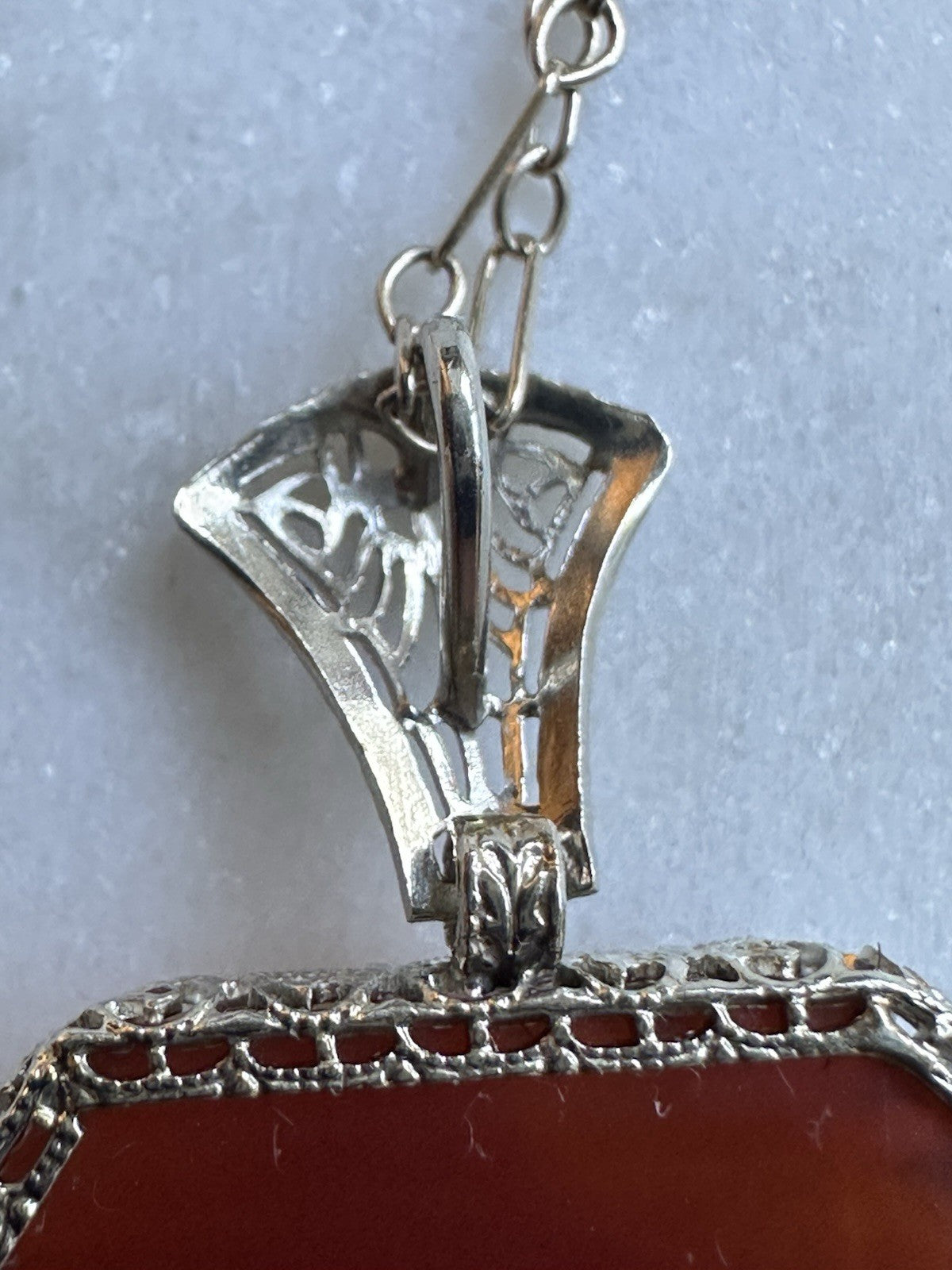 Art Deco carved carnelian & Diamond pendant necklace 14k white gold. 1920