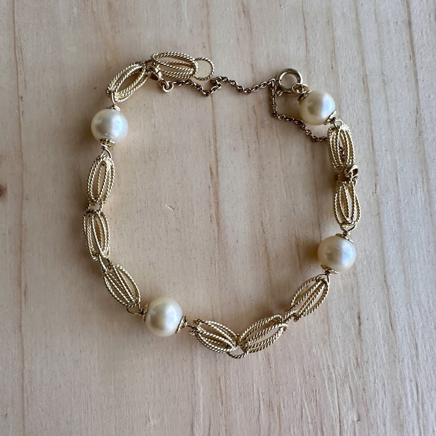 Vintage Retro 14k Gold Link And Pearl Bracelet 12g