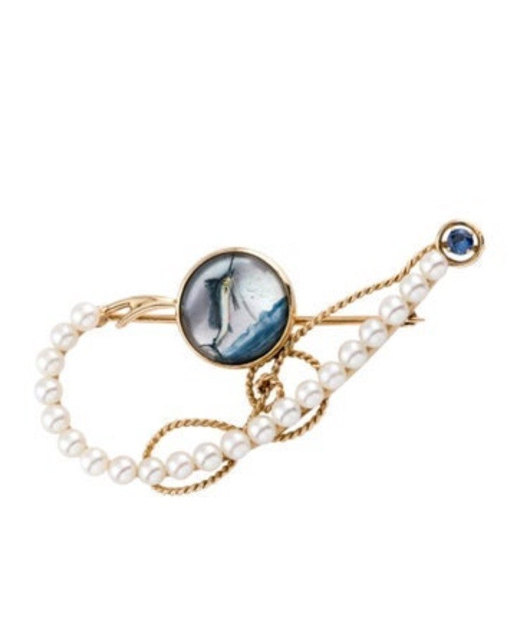 Intaglio round Essex crystal 14K Pearl & Sapphire Marlin Brooch
