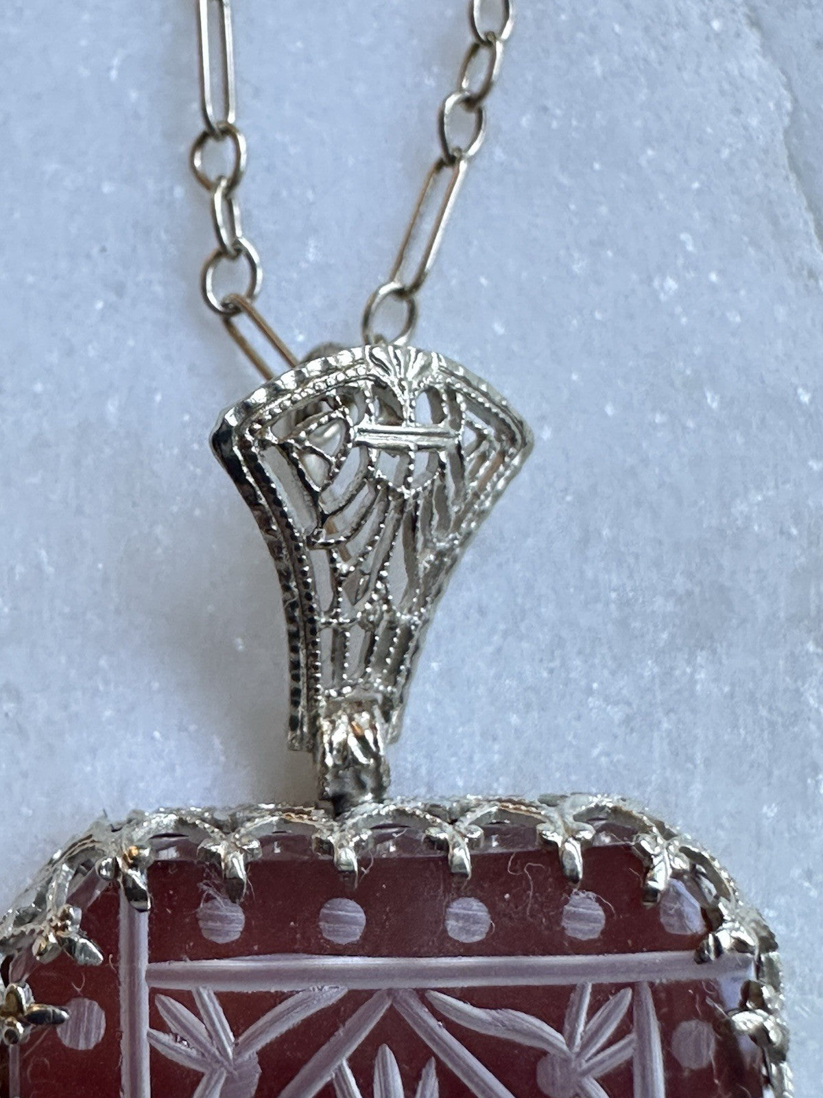 Art Deco carved carnelian & Diamond pendant necklace 14k white gold. 1920