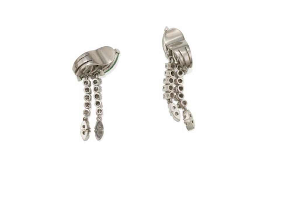 GORGEOUS WHITE GOLD 14k, JADE & DIAMOND DANGLING EAR CLIP SET