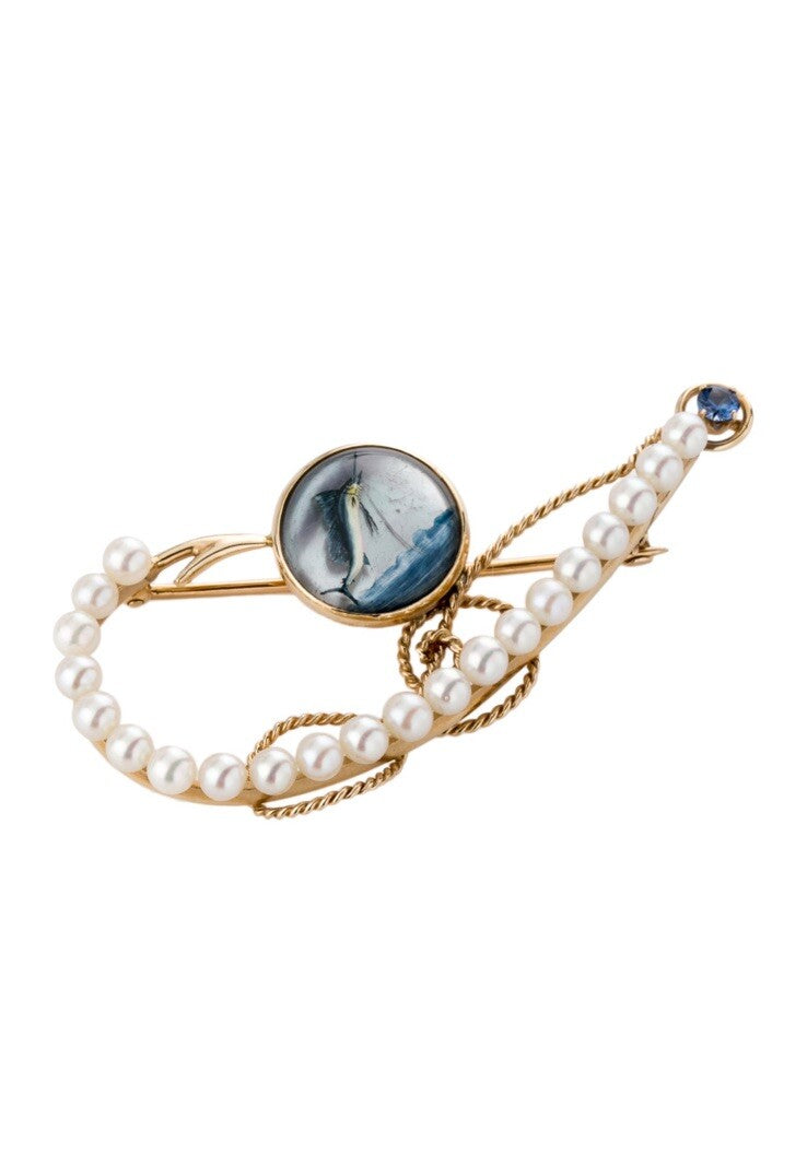 Intaglio round Essex crystal 14K Pearl & Sapphire Marlin Brooch