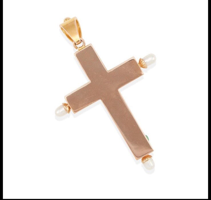 Vintage Italian Yellow 18k Gold Emerald and Pearl Cross Pendant Good Sized!