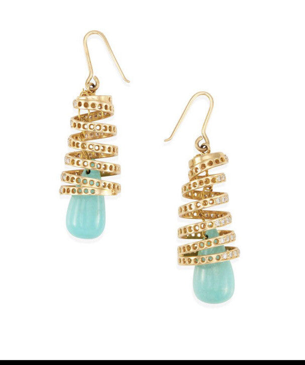 18K Gold , Turquoise And Diamond Dangle Earrings 1.75”