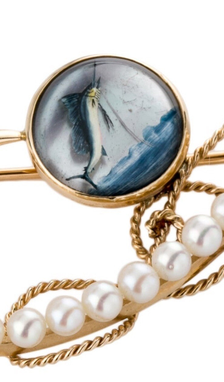 Intaglio round Essex crystal 14K Pearl & Sapphire Marlin Brooch