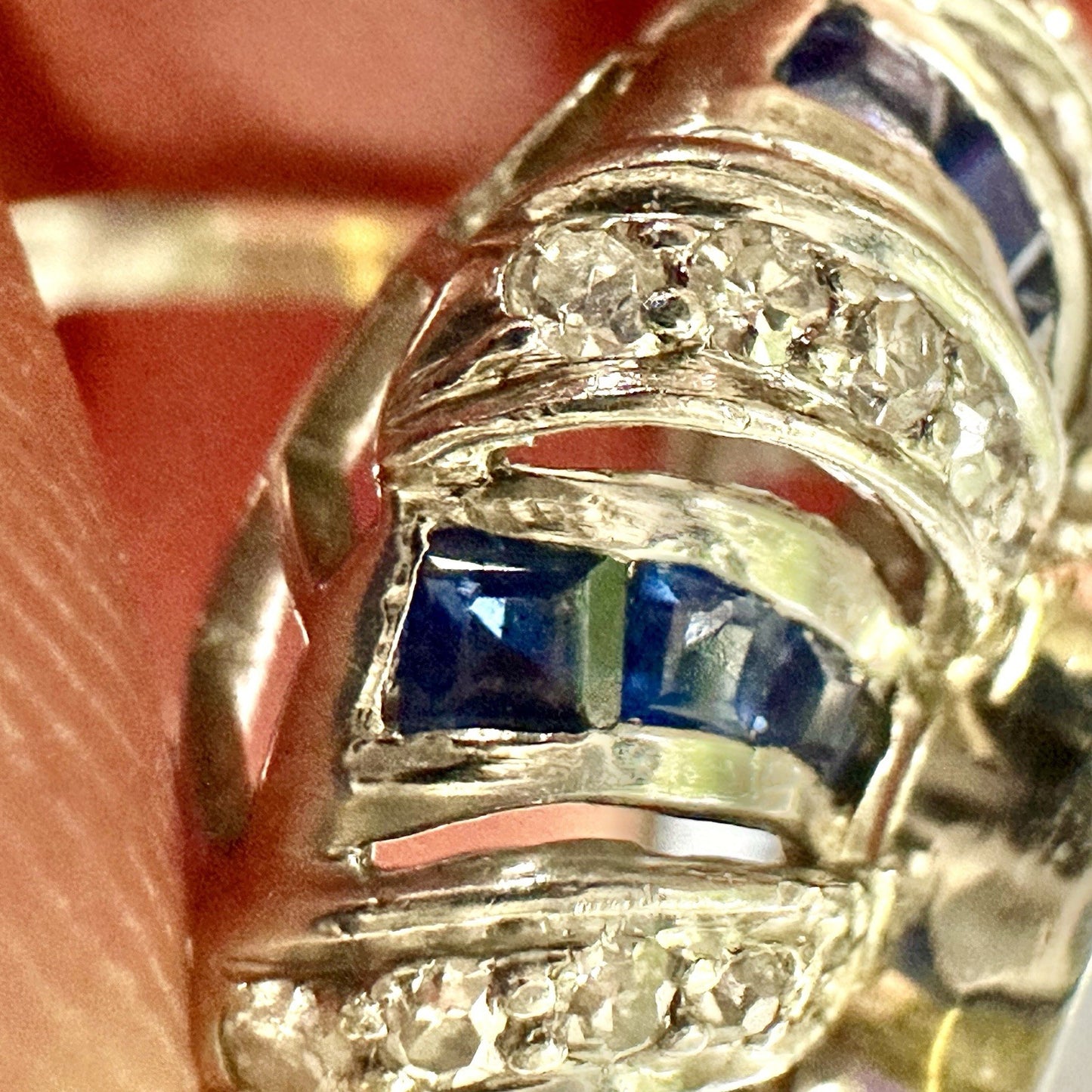 Art Deco Platnium Moonstone Diamond And Sapphire Ring