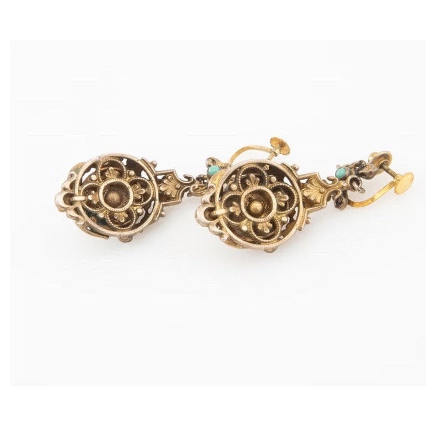 Antique Turquoise And Seed Pearl Gilded Silver Dangle Earrings
