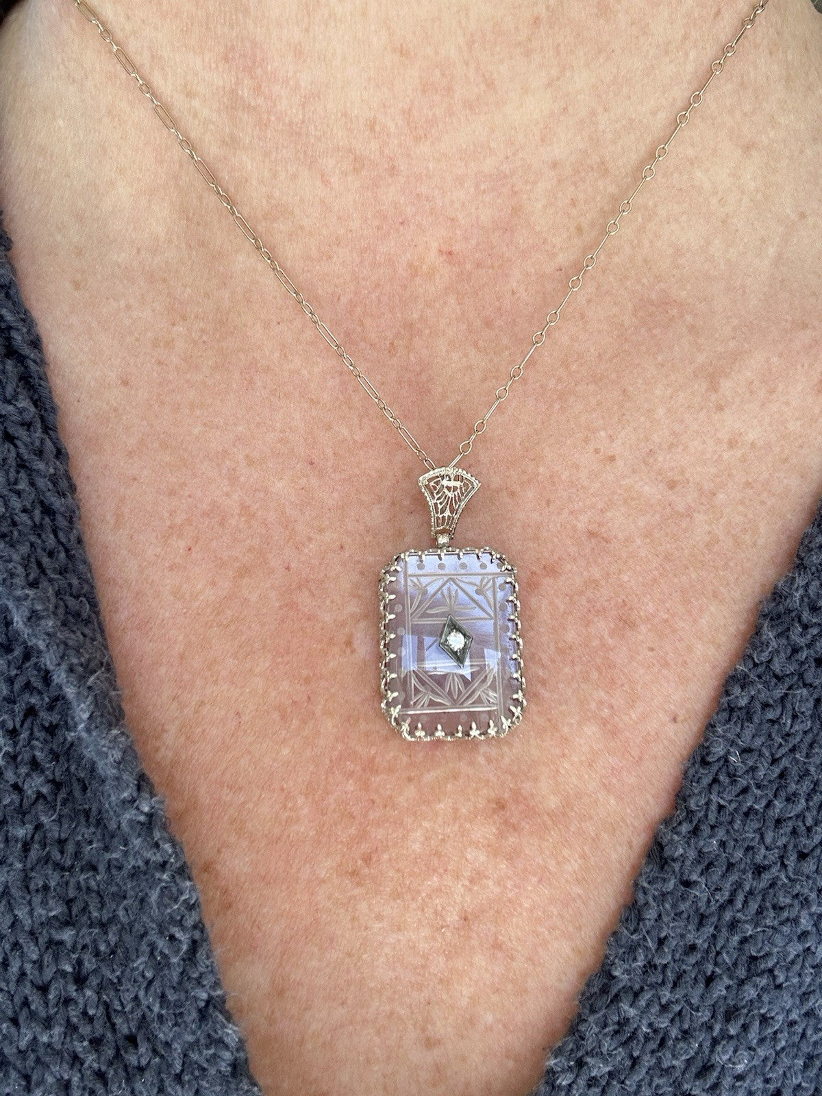 Art Deco carved carnelian & Diamond pendant necklace 14k white gold. 1920