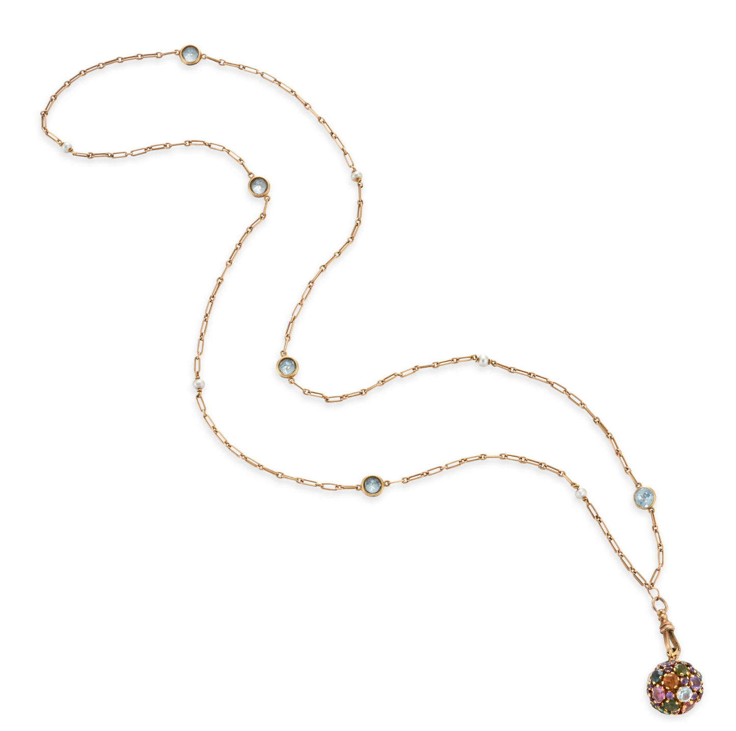 Antique 14K Aquamarine & Pearl Trombone Station Watchchain w multi gemstone fob