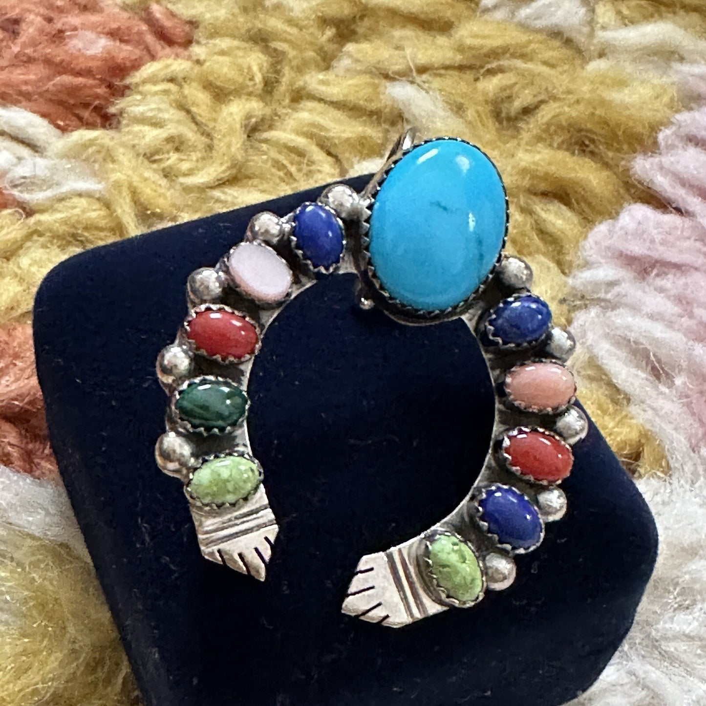 Vintage Running Bear Horse Shoe Multi Gemstone Pendant Sterling Silver