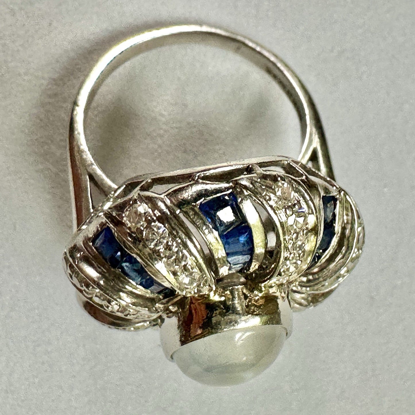 Art Deco Platnium Moonstone Diamond And Sapphire Ring