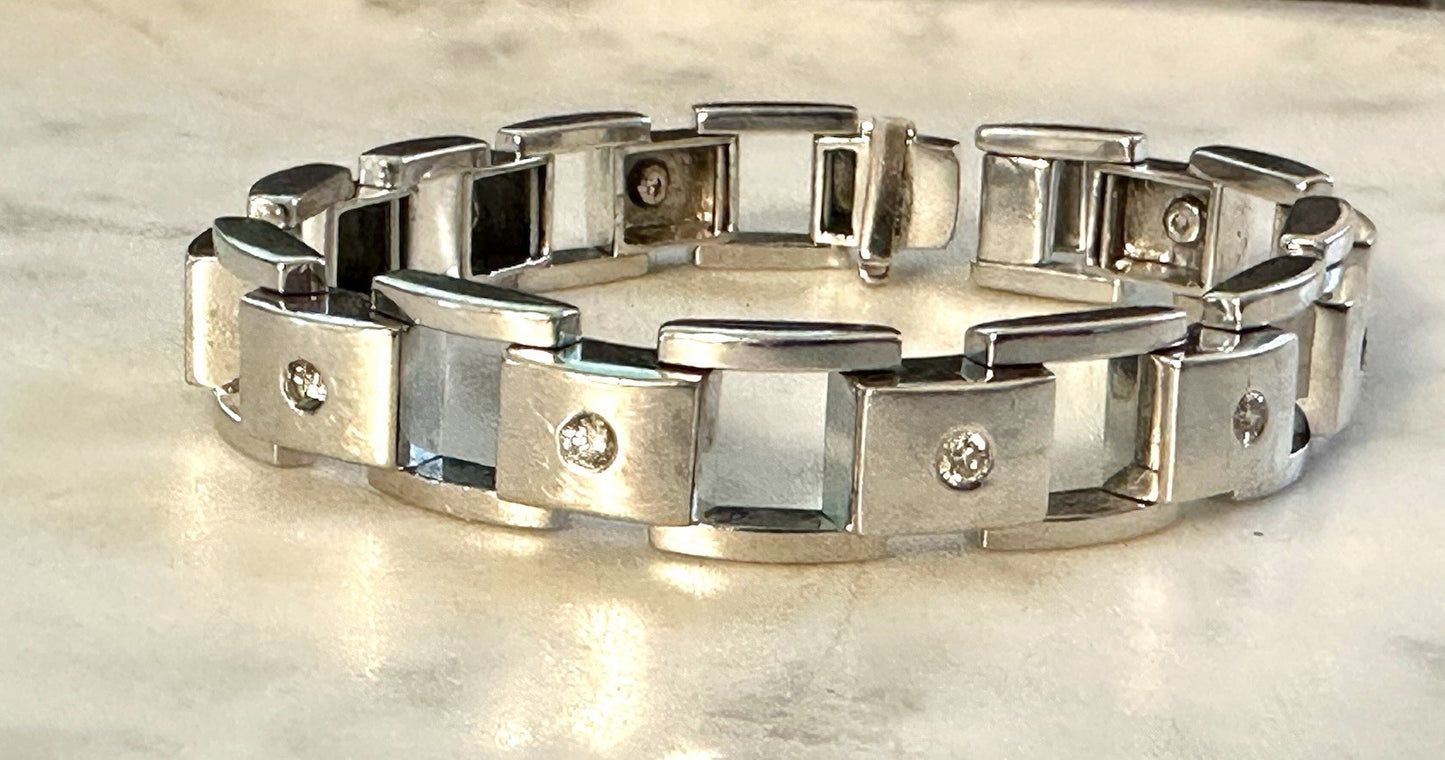 Vintage 8 inch 14 K white gold diamond tank bracelet