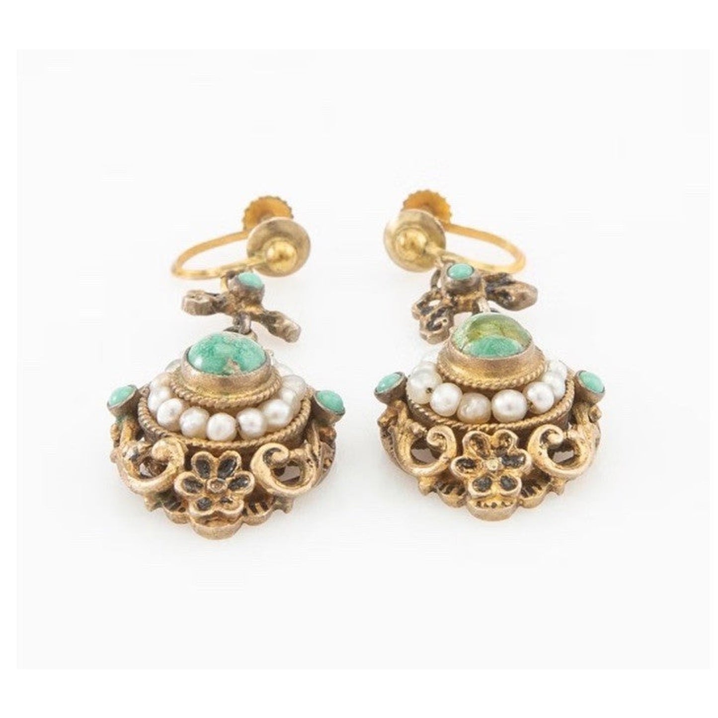 Antique Turquoise And Seed Pearl Gilded Silver Dangle Earrings