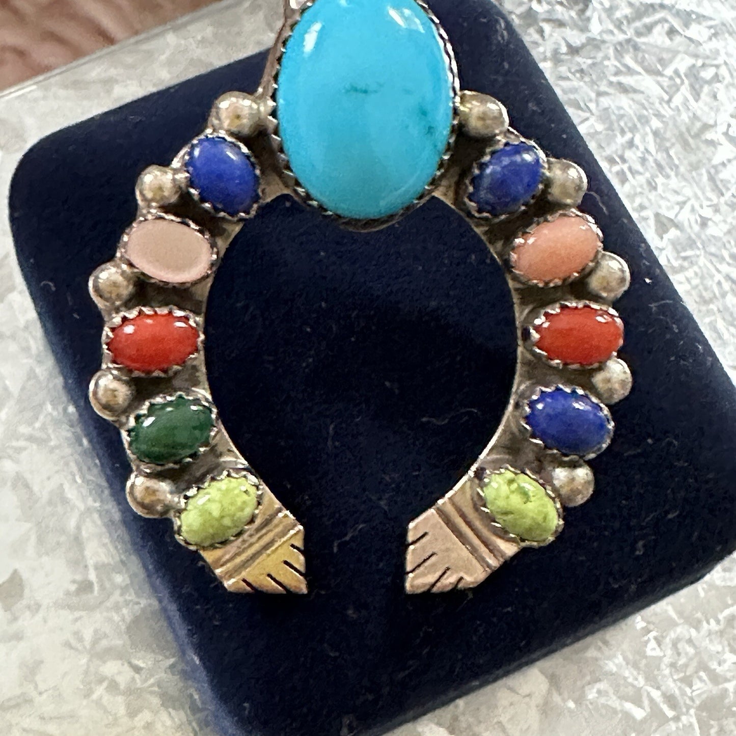 Vintage Running Bear Horse Shoe Multi Gemstone Pendant Sterling Silver