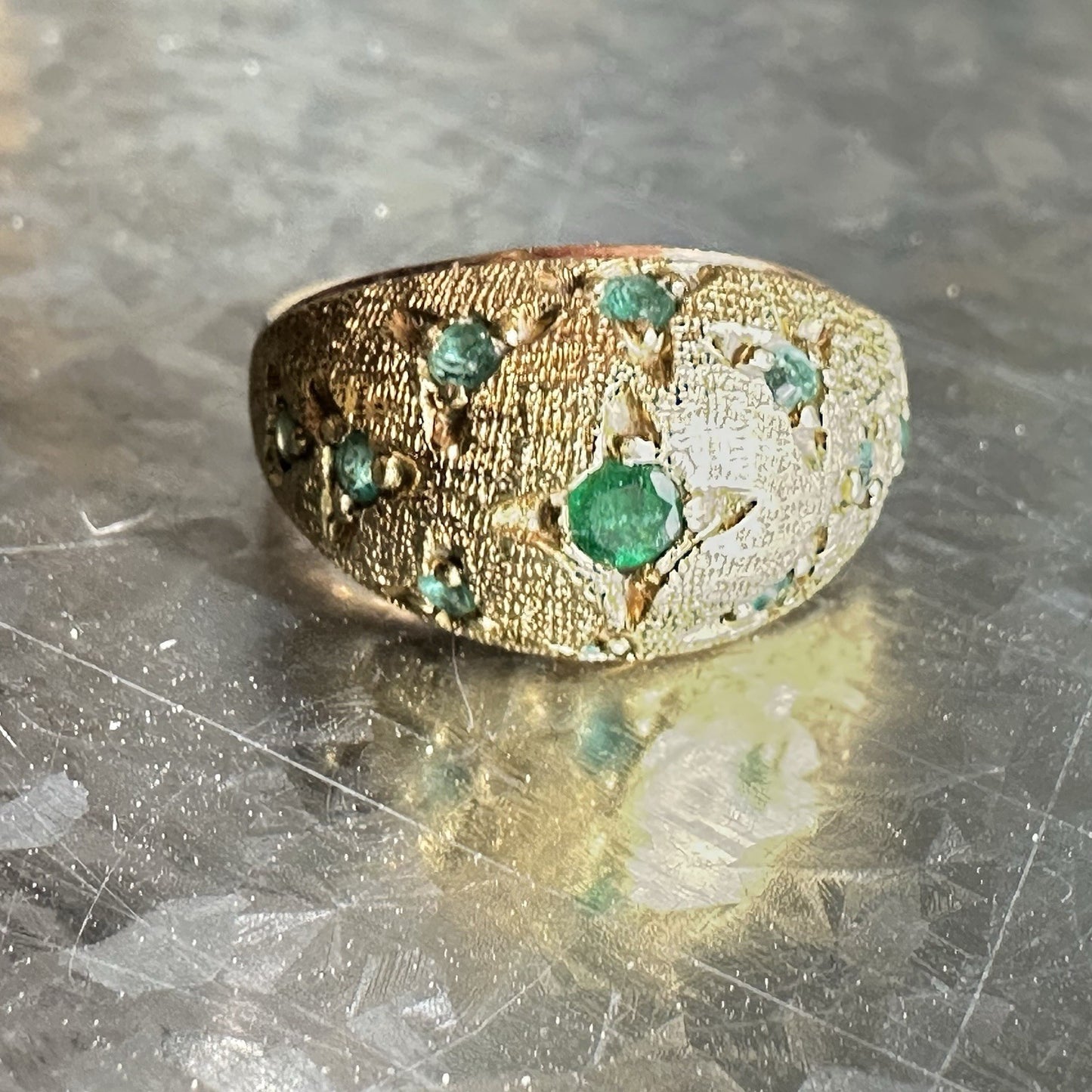 Vintage French Star Burst 18k Emerald Dome Ring Size 4.75 - 5.23g
