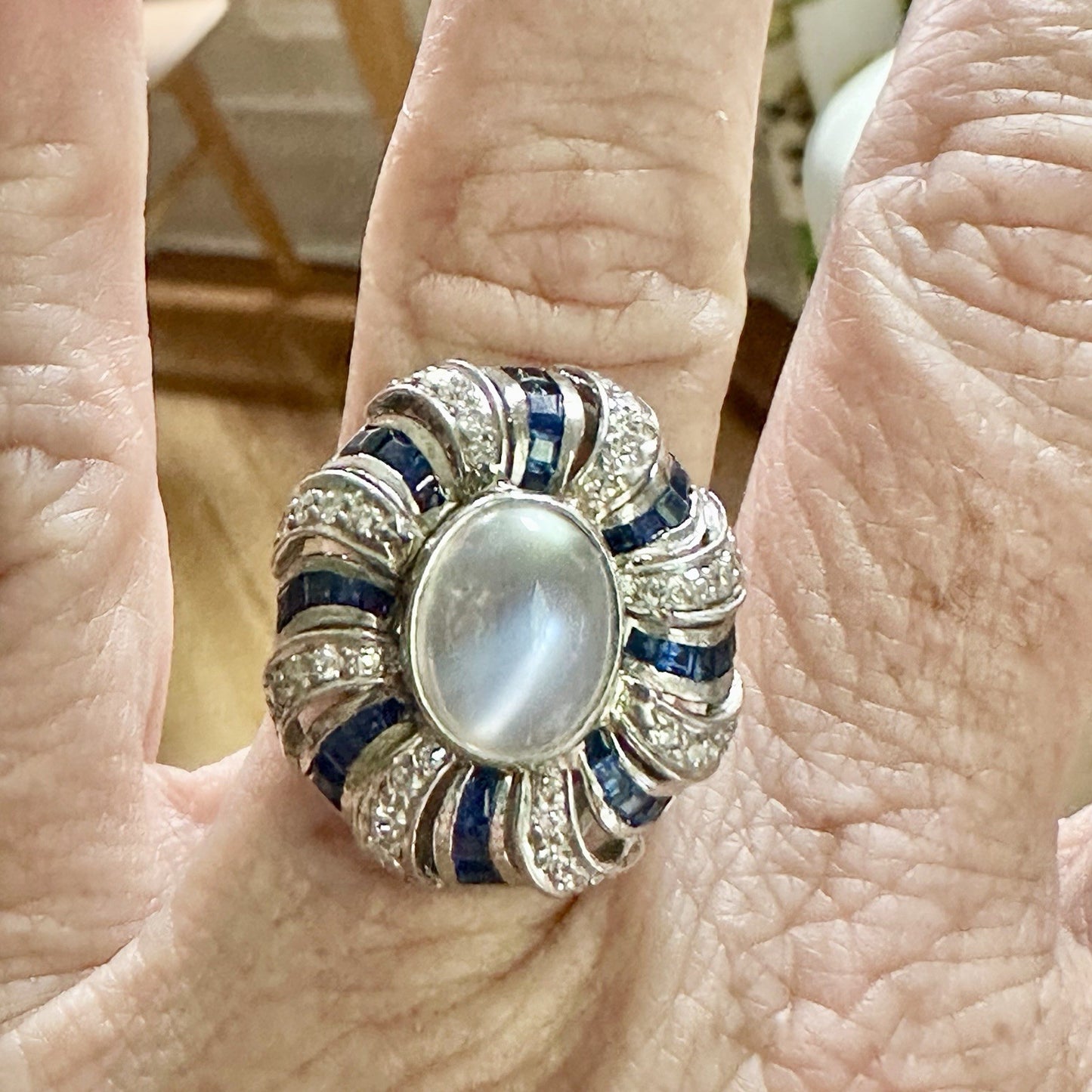 Art Deco Platnium Moonstone Diamond And Sapphire Ring