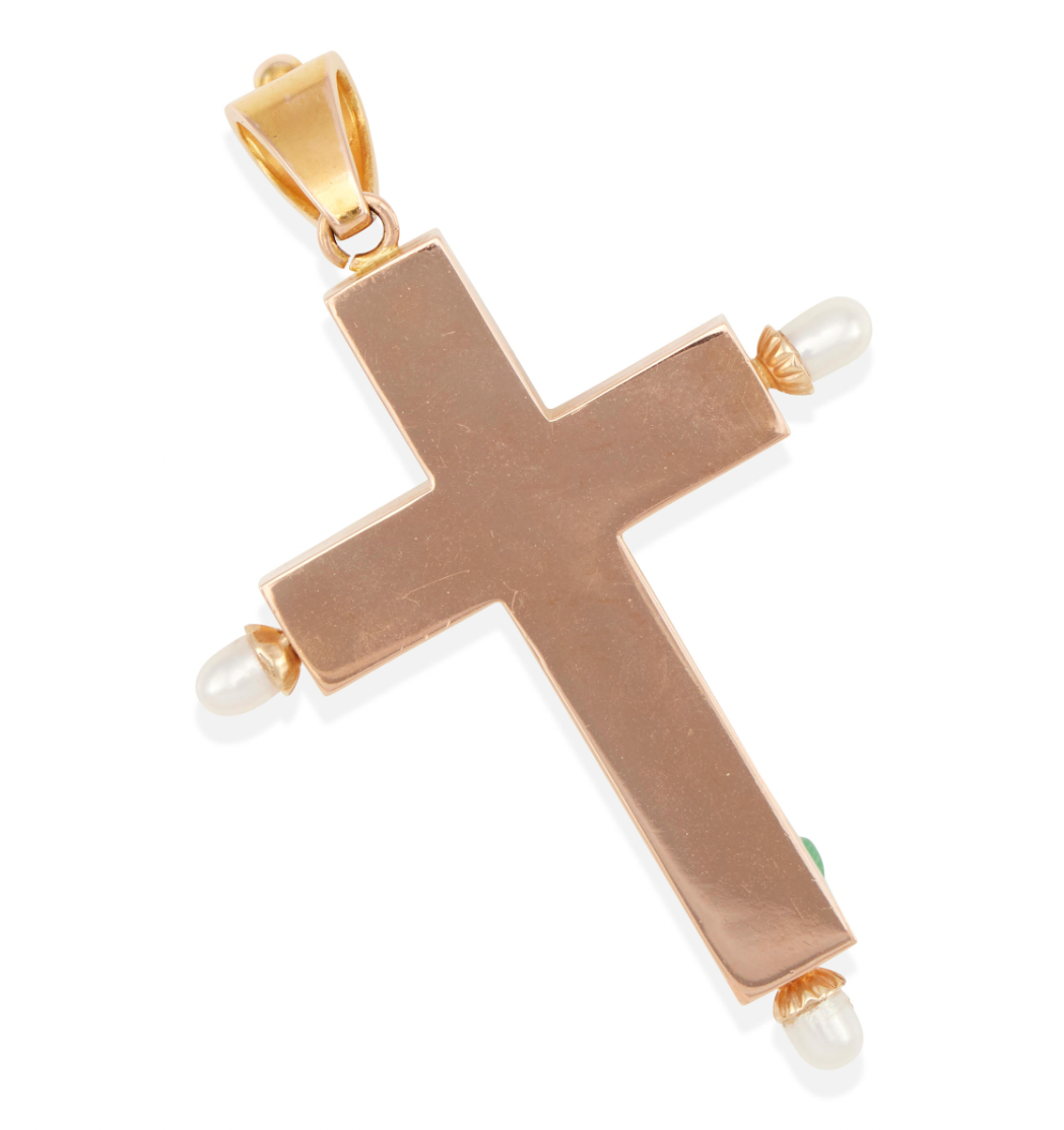 Vintage Italian Yellow 18k Gold Emerald and Pearl Cross Pendant Good Sized!