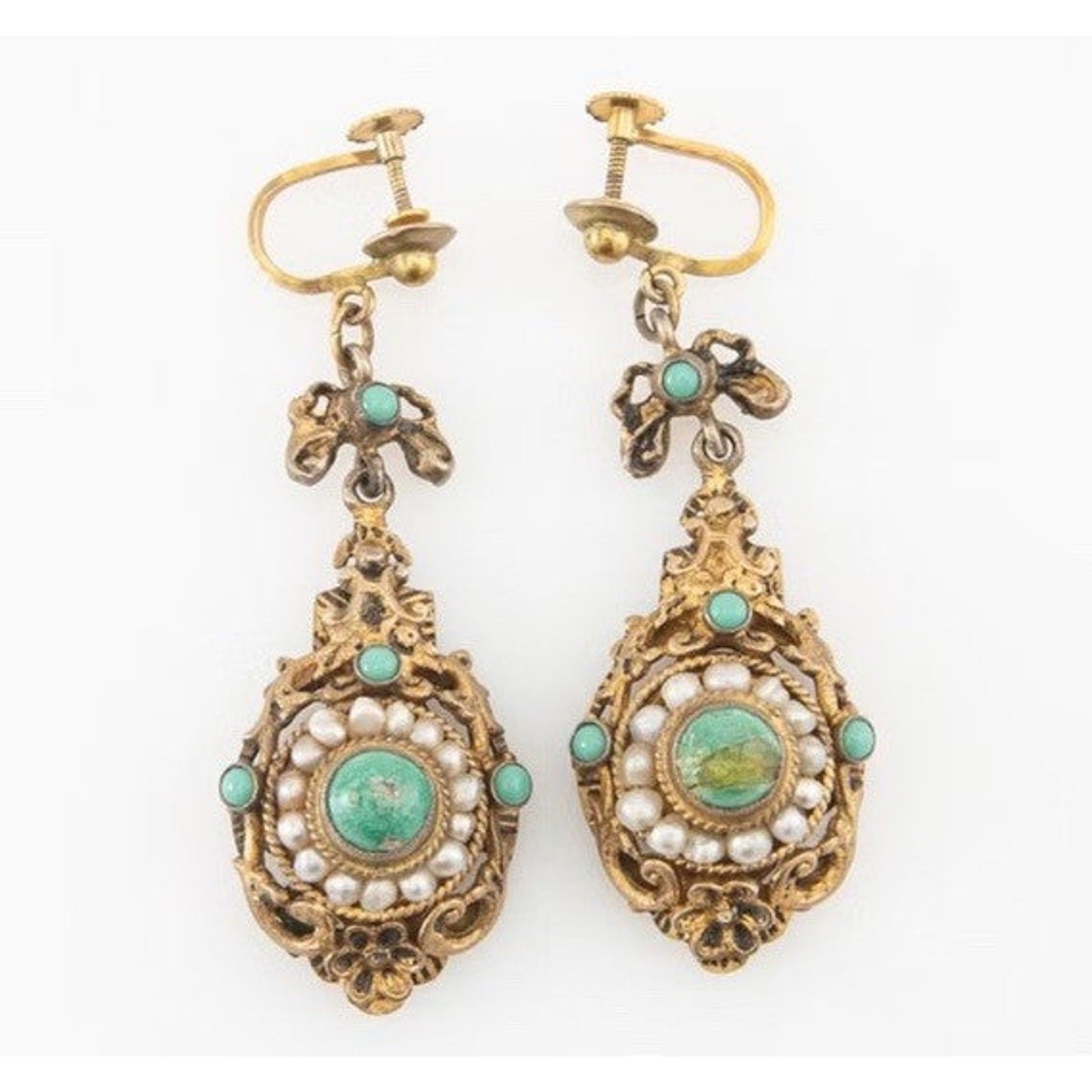 Antique Turquoise And Seed Pearl Gilded Silver Dangle Earrings