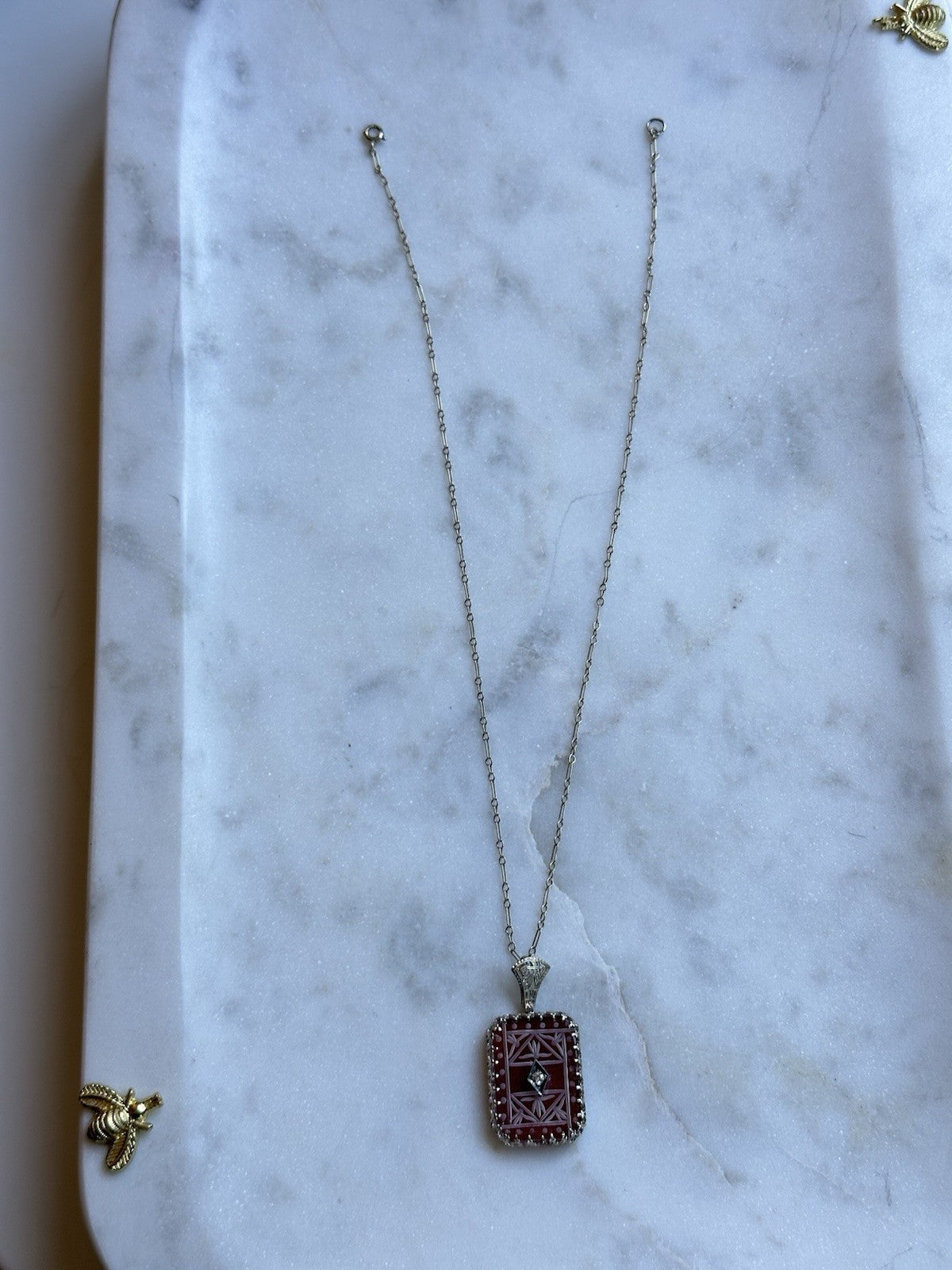 Art Deco carved carnelian & Diamond pendant necklace 14k white gold. 1920
