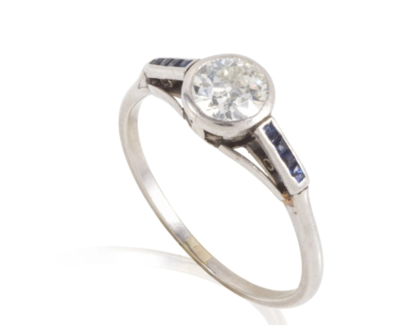 Art Deco Platinum Natural European Cut Diamond/Sapphire Ring 7.5