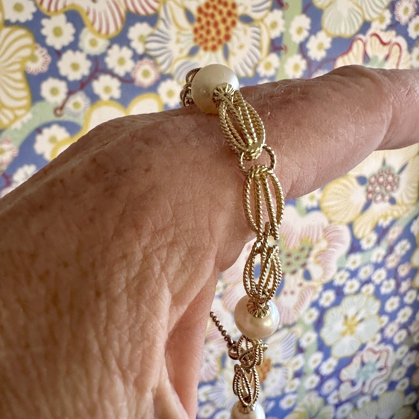 Vintage Retro 14k Gold Link And Pearl Bracelet 12g