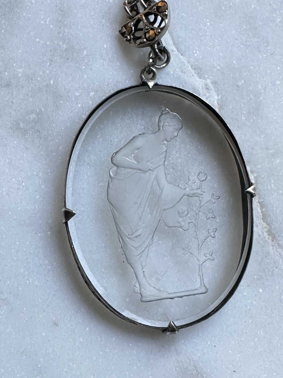 Neoclassical Cut Crystal Figural Pendant On Sterling Crystal Chain