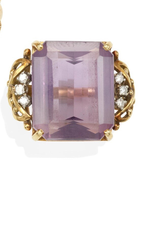 14k Vintage Amethyst And Diamond English Cocktail Ring