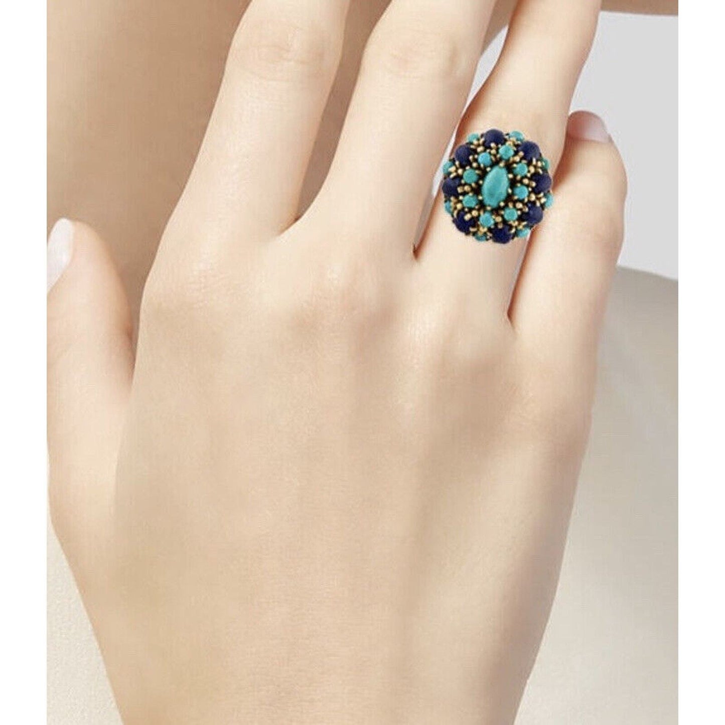 Vintage Bombe Turquoise Lapis 14k Cocktail Ring size 6.5