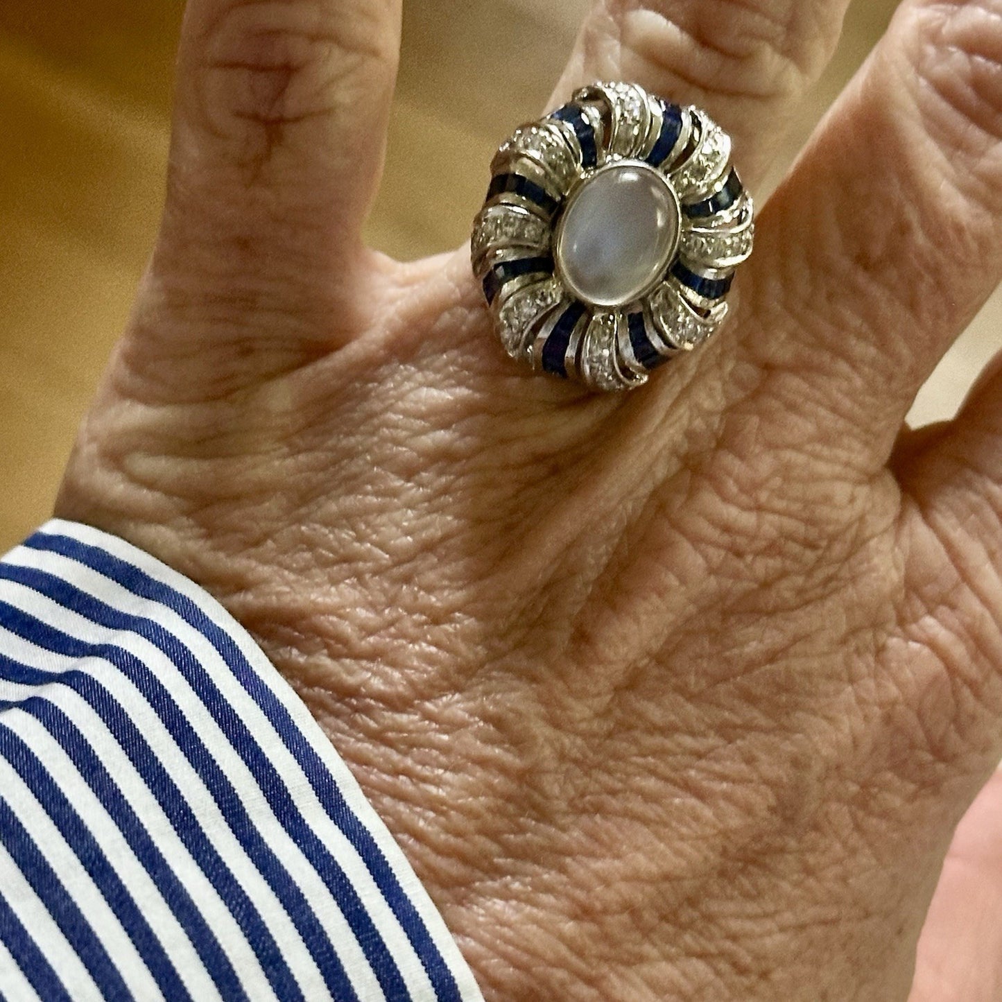 Art Deco Platnium Moonstone Diamond And Sapphire Ring