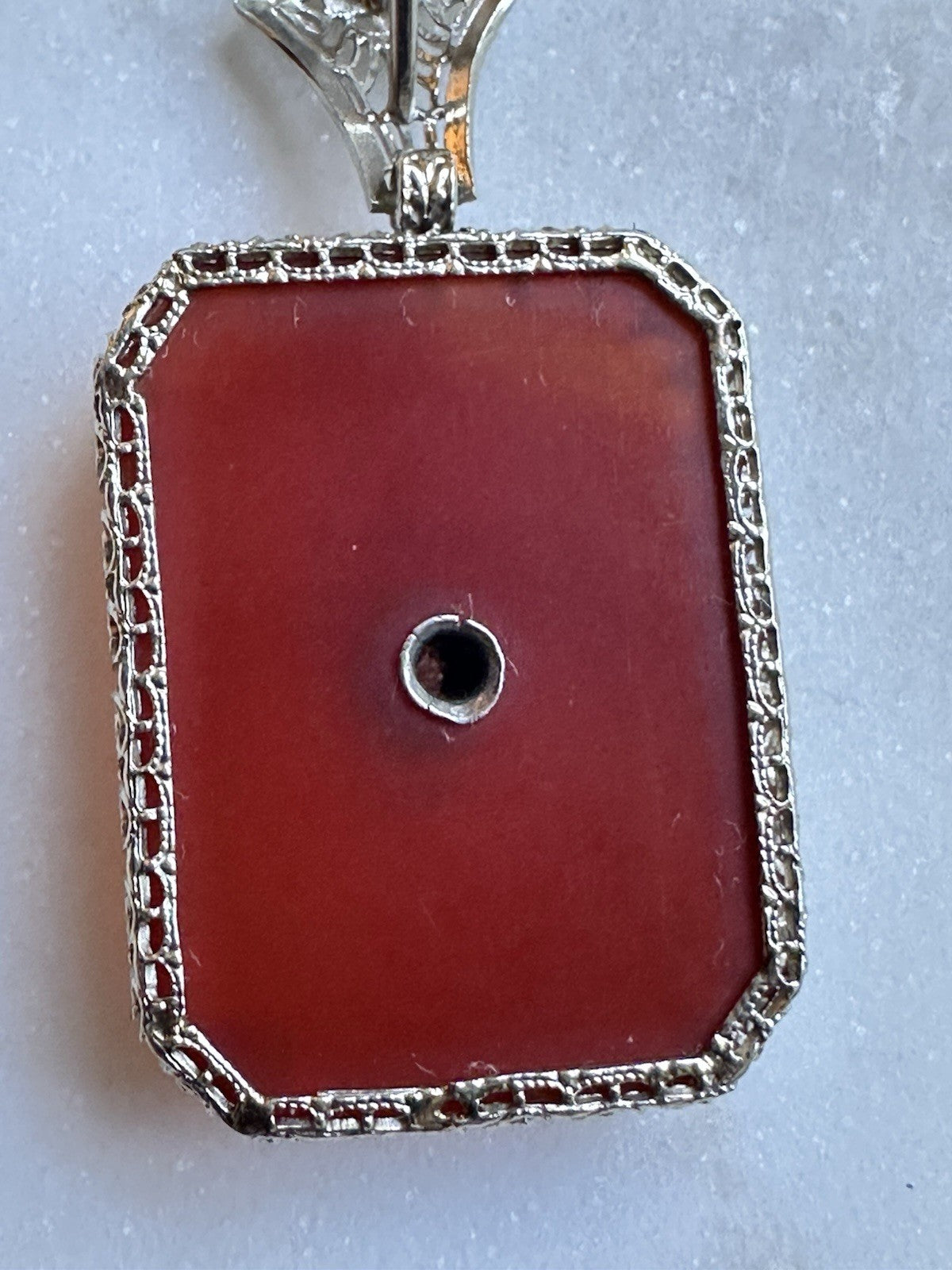 Art Deco carved carnelian & Diamond pendant necklace 14k white gold. 1920