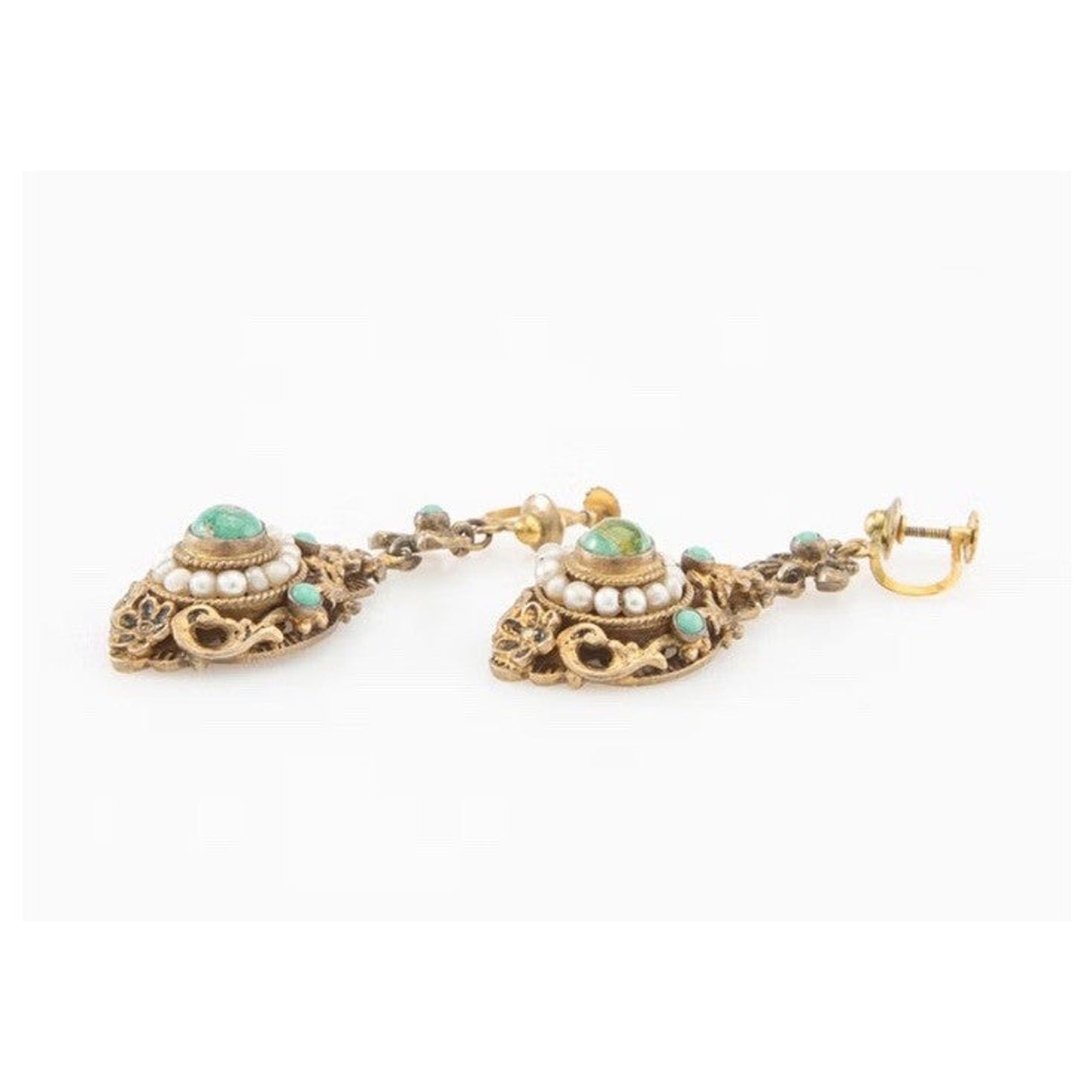 Antique Turquoise And Seed Pearl Gilded Silver Dangle Earrings
