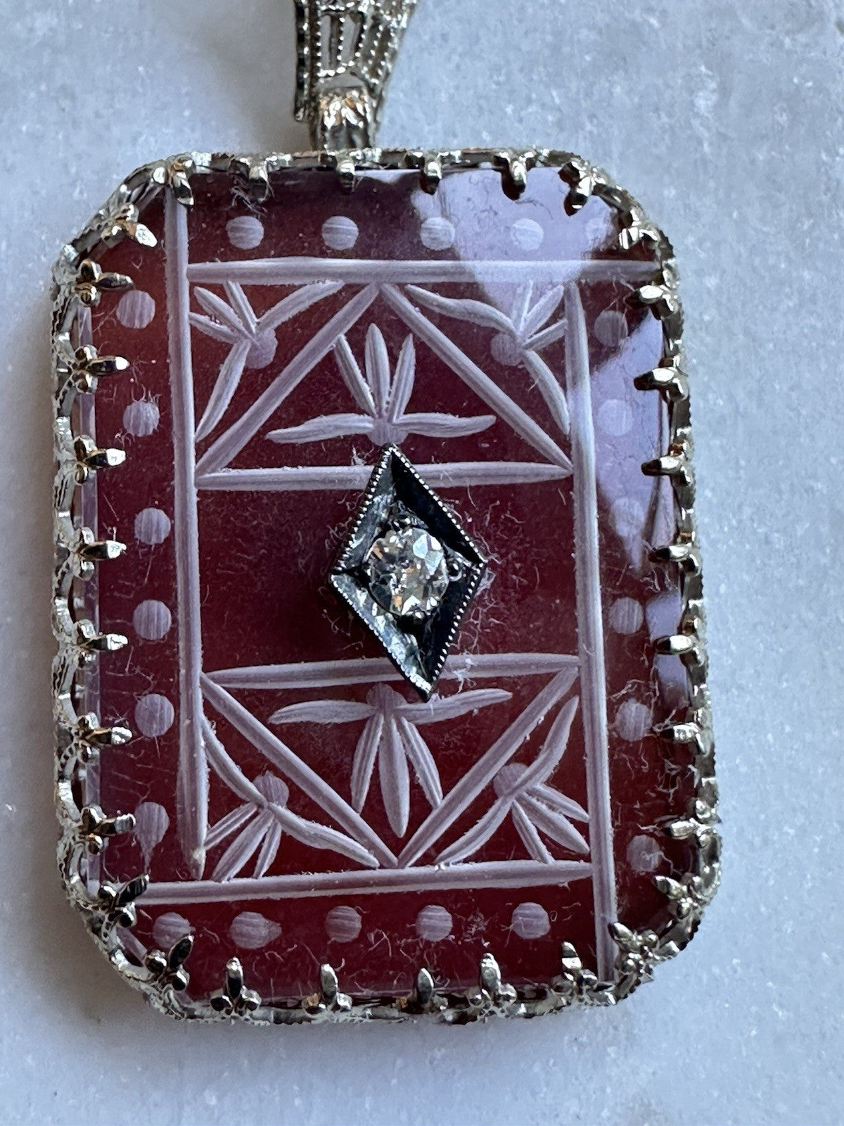 Art Deco carved carnelian & Diamond pendant necklace 14k white gold. 1920