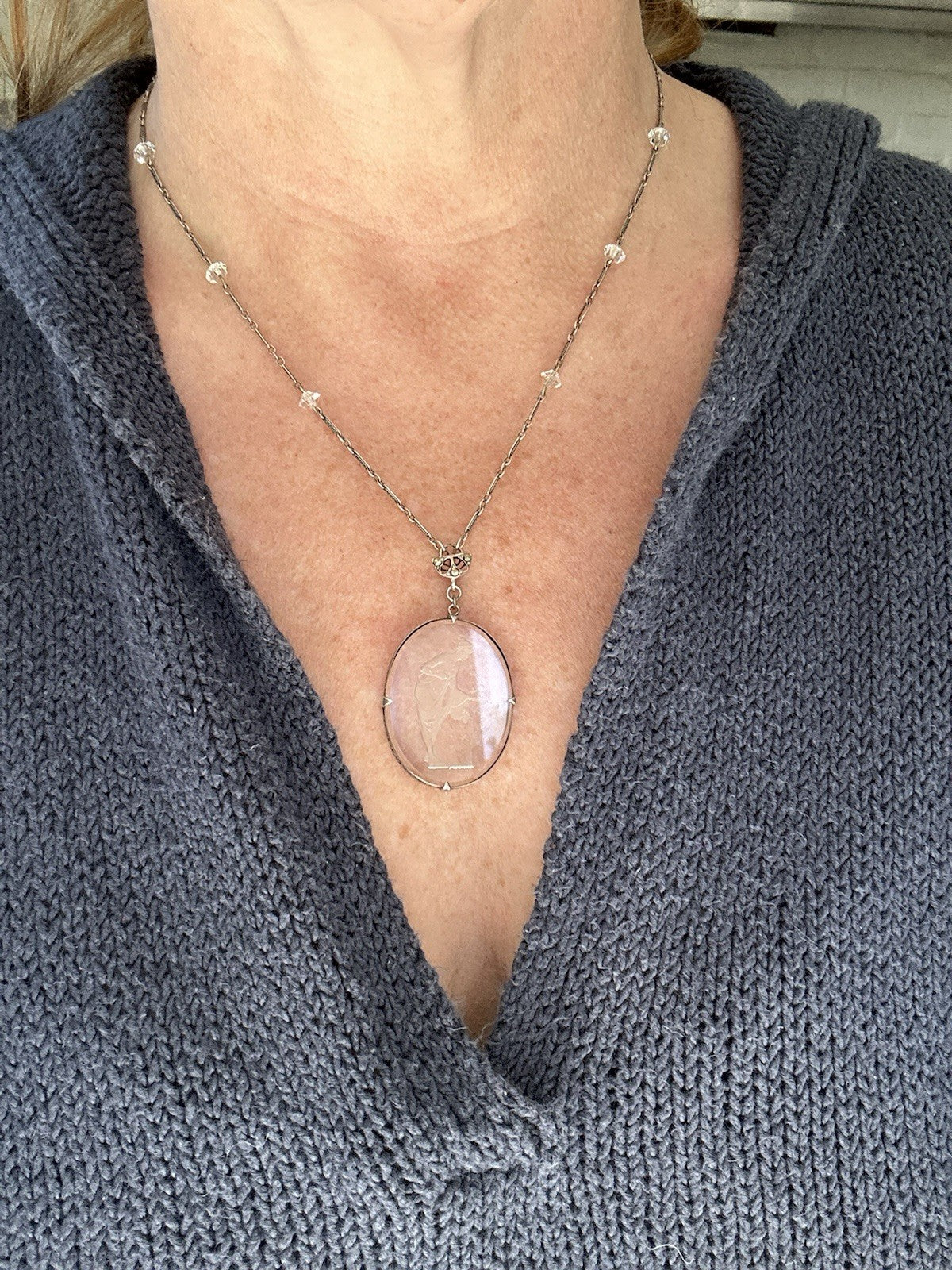 Neoclassical Cut Crystal Figural Pendant On Sterling Crystal Chain