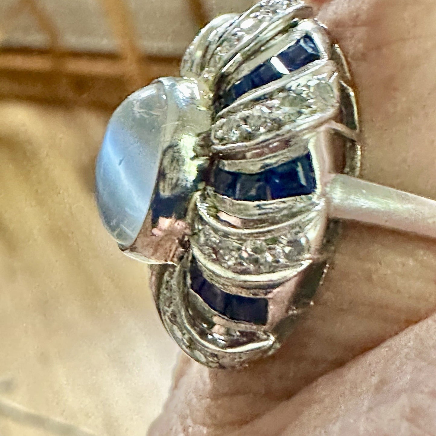 Art Deco Platnium Moonstone Diamond And Sapphire Ring