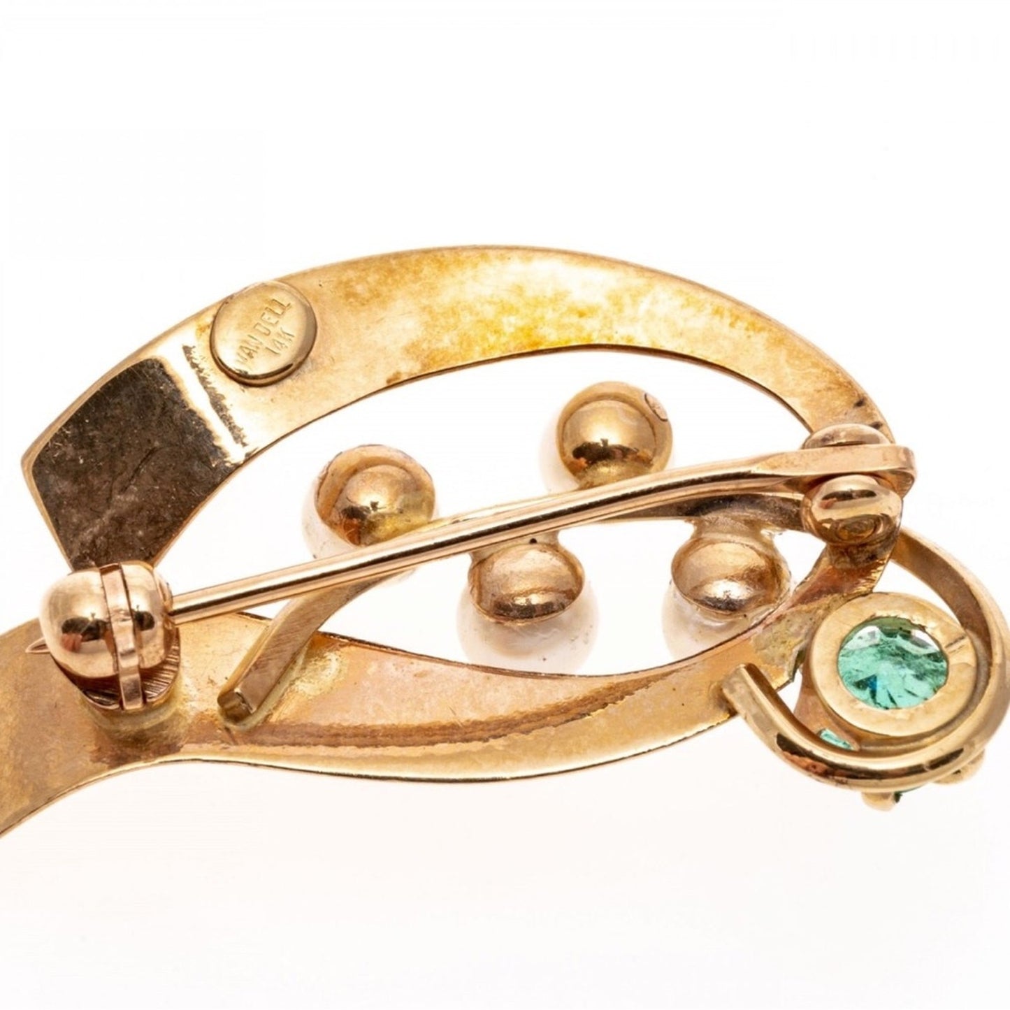14k Van Dell yellow gold vintage pearl and emerald brooch