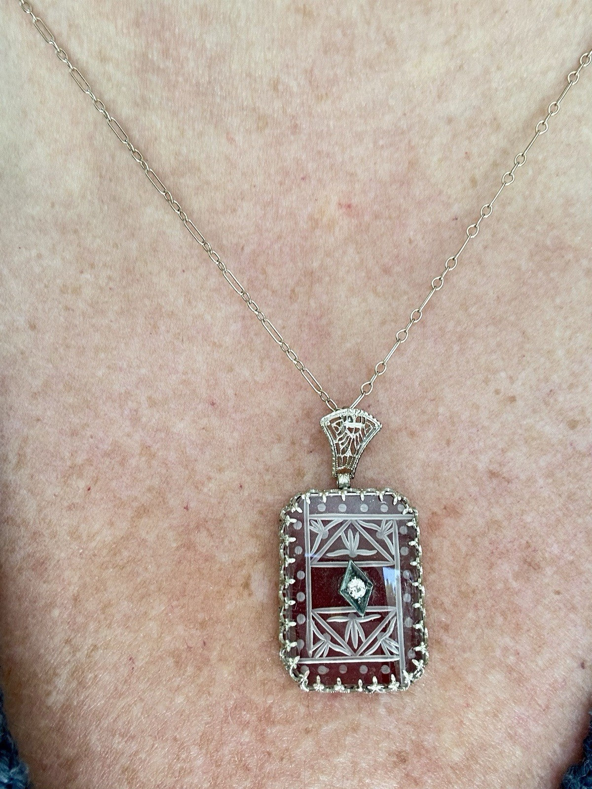 Art Deco carved carnelian & Diamond pendant necklace 14k white gold. 1920