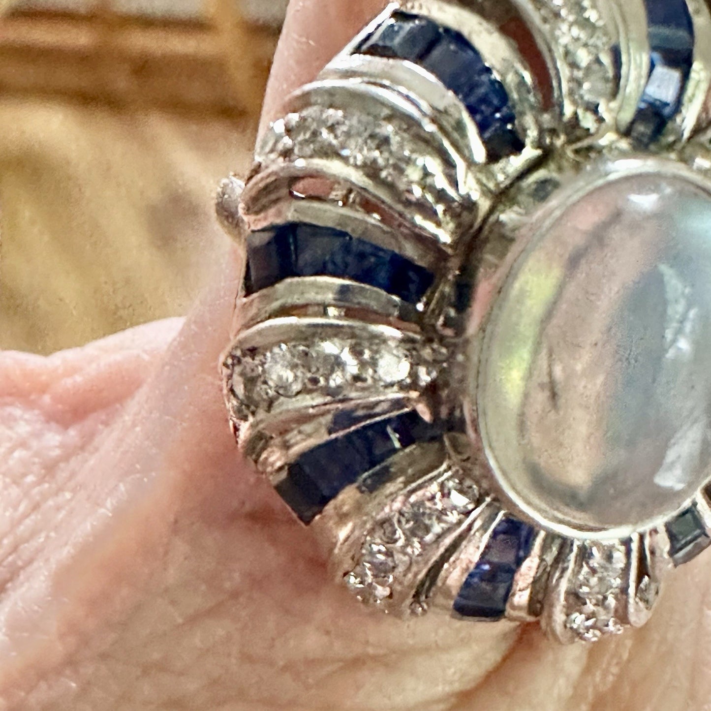 Art Deco Platnium Moonstone Diamond And Sapphire Ring