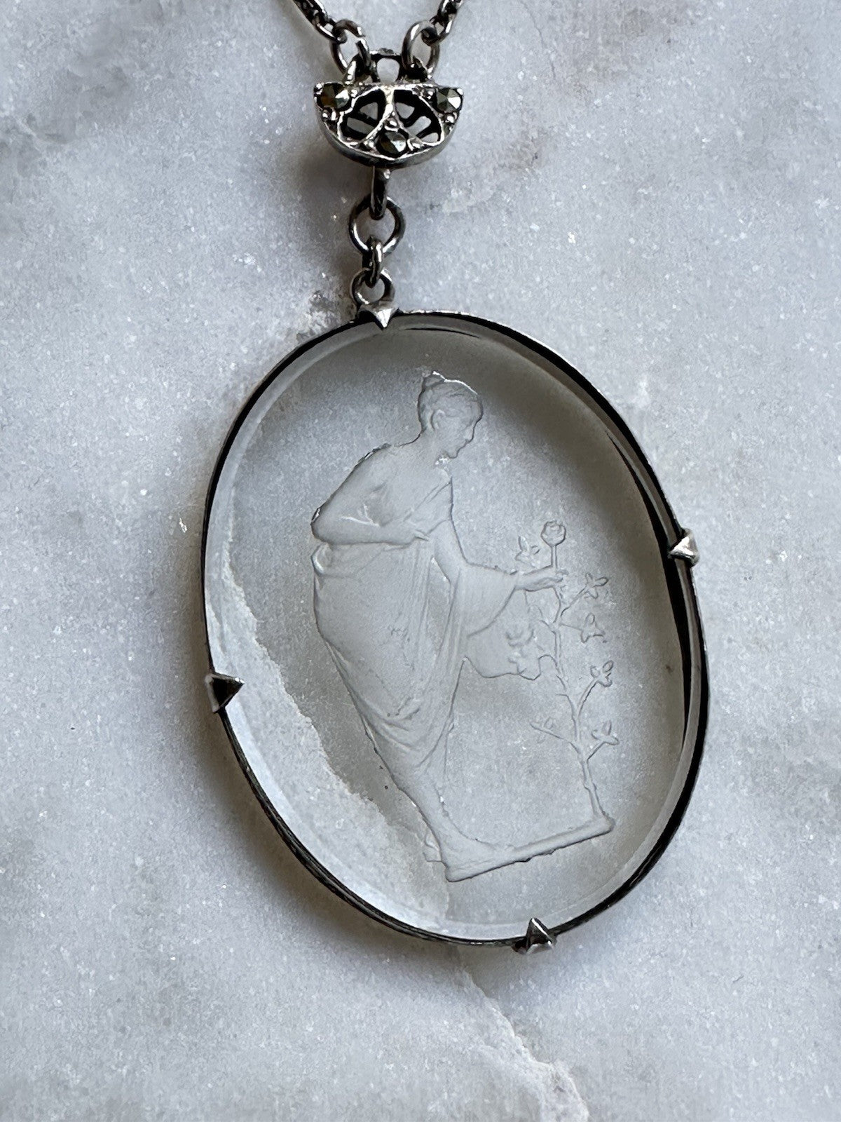 Neoclassical Cut Crystal Figural Pendant On Sterling Crystal Chain