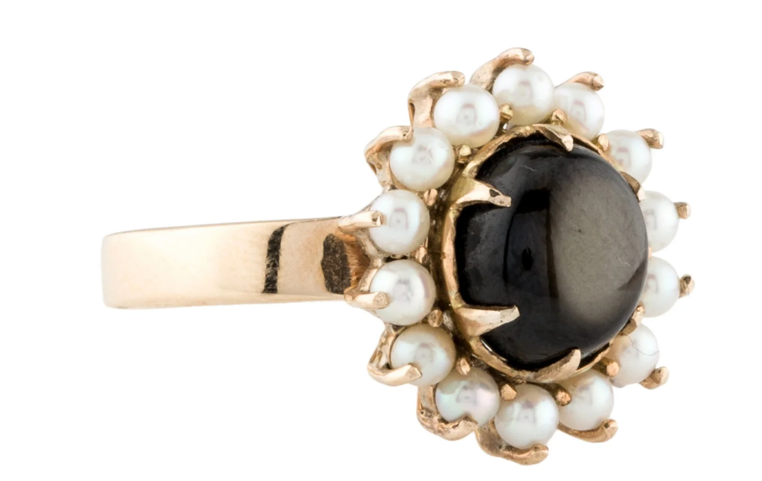 Vintage 18k 5 cttw star sapphire pearl ring