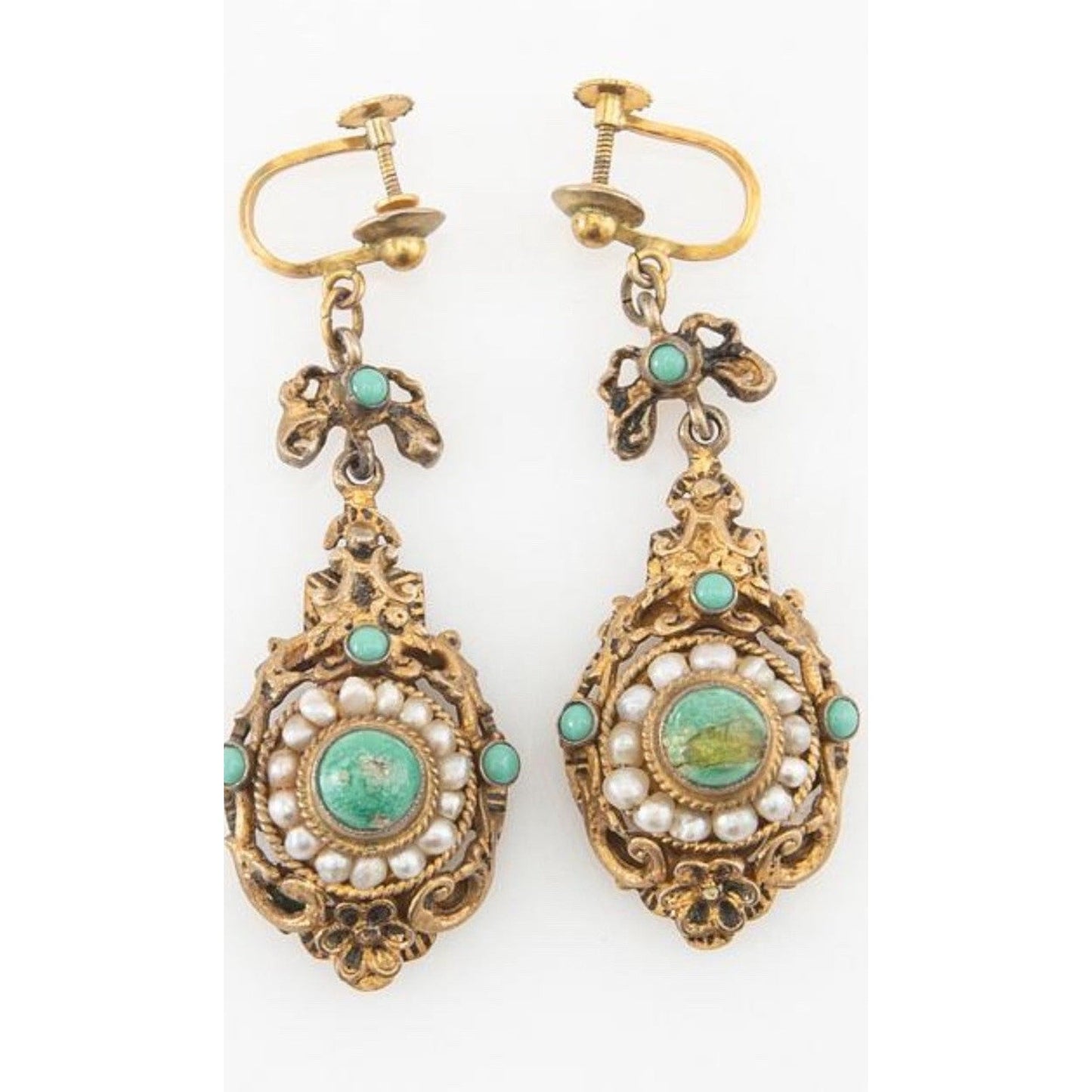 Antique Turquoise And Seed Pearl Gilded Silver Dangle Earrings